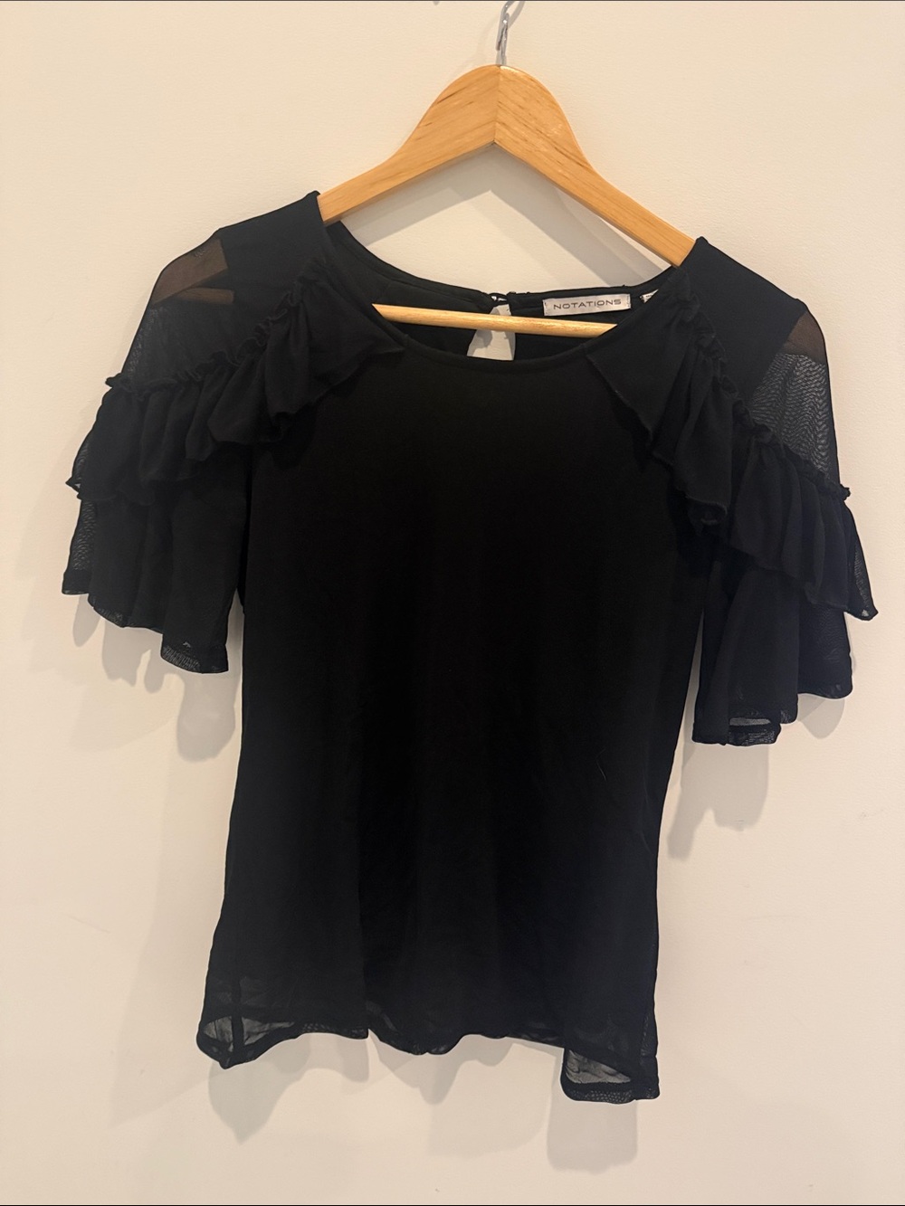 NOTATIONS Black Ruffle Sleeve Mesh-Trim Top